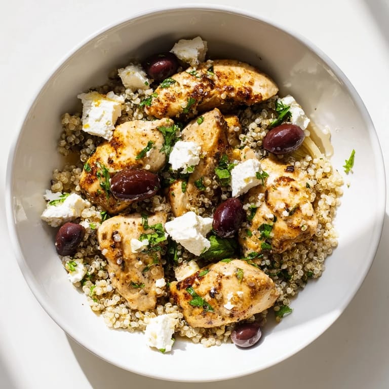 Close-up Mediterranean Chicken Bowl with glistening dressing and vibrant tomatoes, ready to serve.