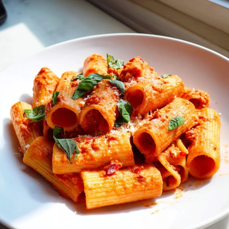 A close-up of saucy rigatoni pasta coated in velvety tomato cream, topped with grated Parmesan cheese.  
