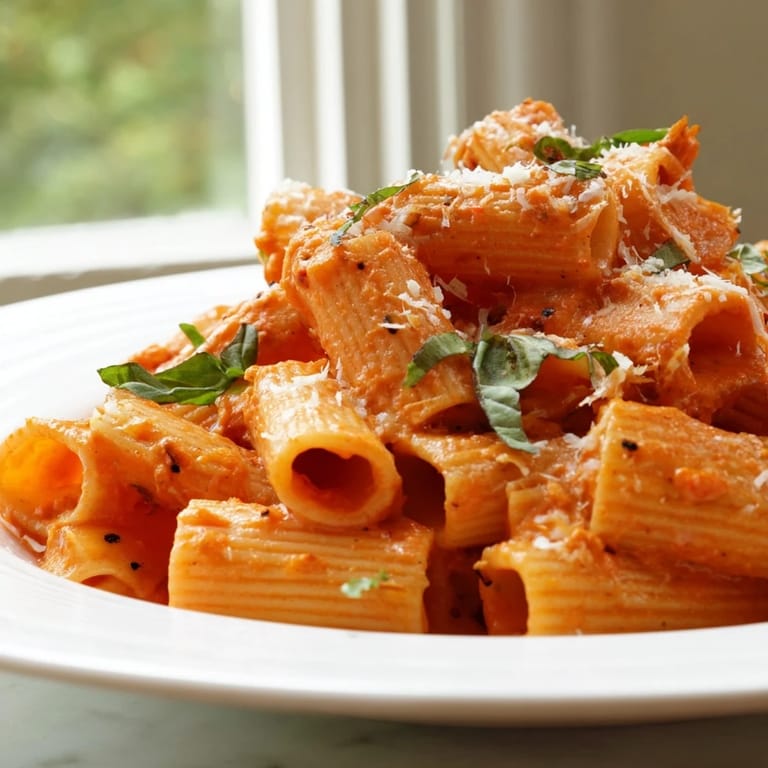 Comforting spicy rigatoni pasta dish garnished with basil, ready to serve with a glass of wine.