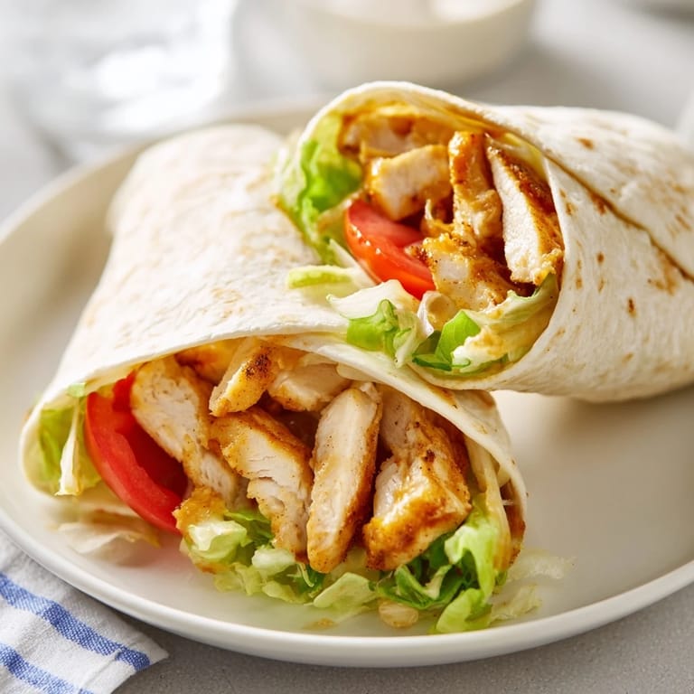 Hearty Honey Mustard Chicken Wrap cut in half, revealing juicy grilled chicken, tangy honey-mustard dressing, and fresh tomato on a whole wheat tortilla.  
