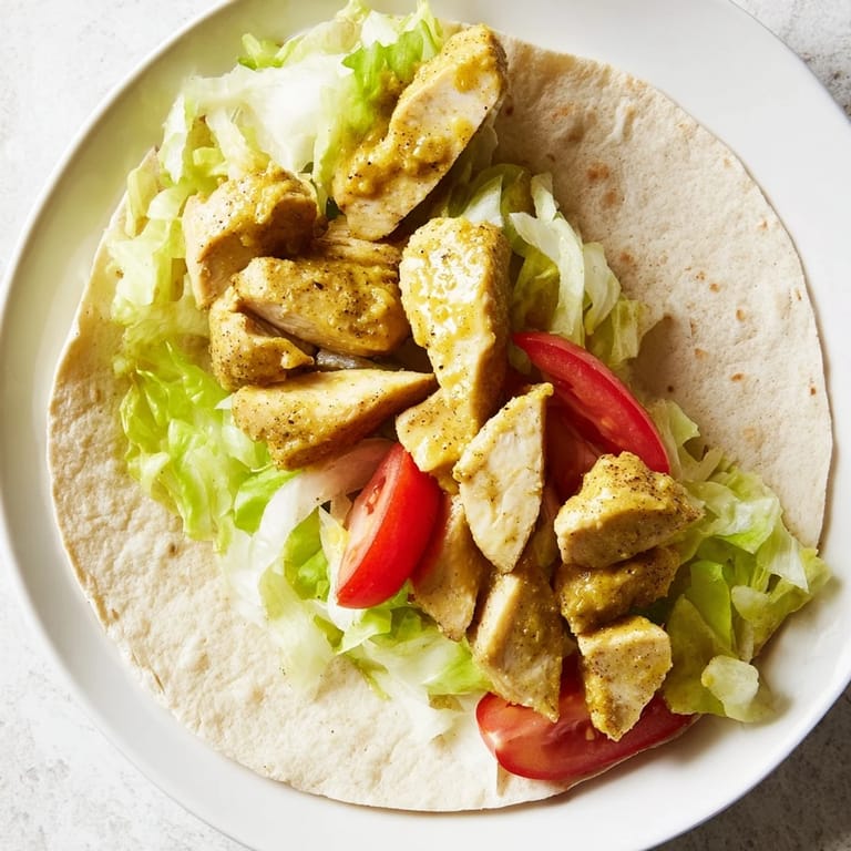 Warm flour tortilla rolled tightly around tender chicken, crunchy lettuce, and creamy honey-mustard sauce, perfect for a quick and satisfying lunch.