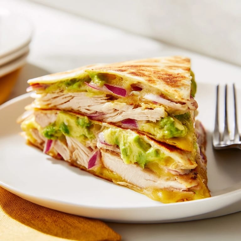 Fresh cilantro and sliced red onion garnish this hearty Chicken Avocado Quesadilla.