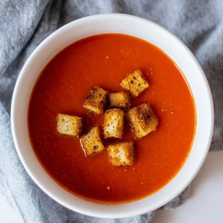 Family-style pot of Roasted Tomato Soup with Grilled Cheese Croutons served for a cozy weeknight dinner.