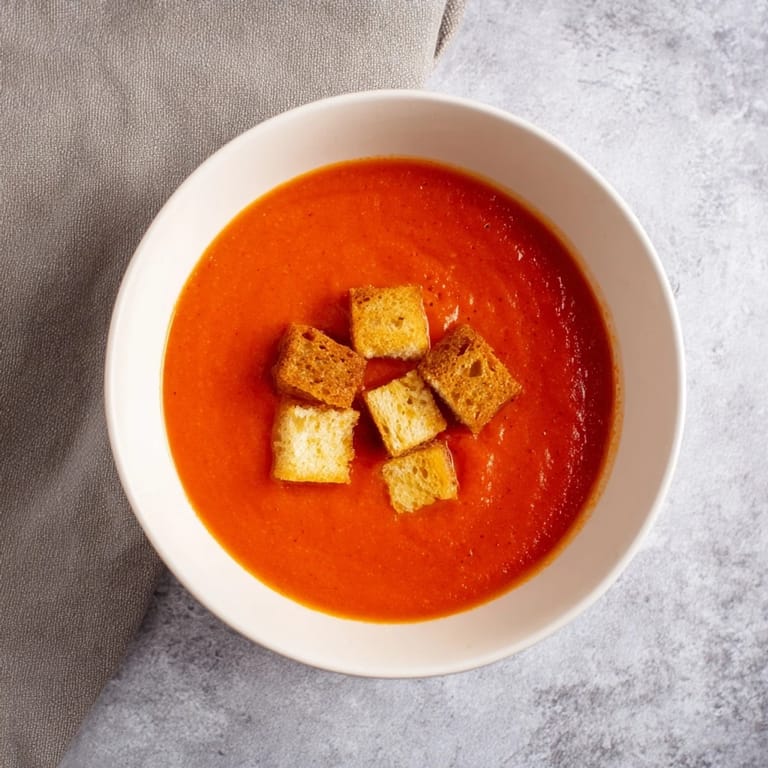 Close-up of Roasted Tomato Soup with Grilled Cheese Croutons, highlighting the velvety texture and golden bread cubes.