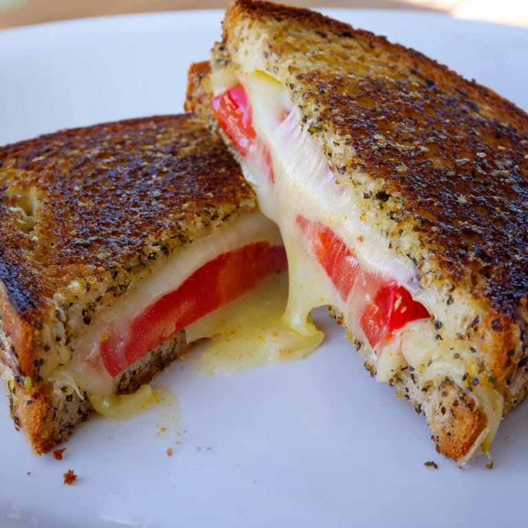 Close-up of a Pepper Jack & Tomato Grilled Cheese sandwich, showing oozing cheese and ripe tomato layers on buttery, crispy bread.