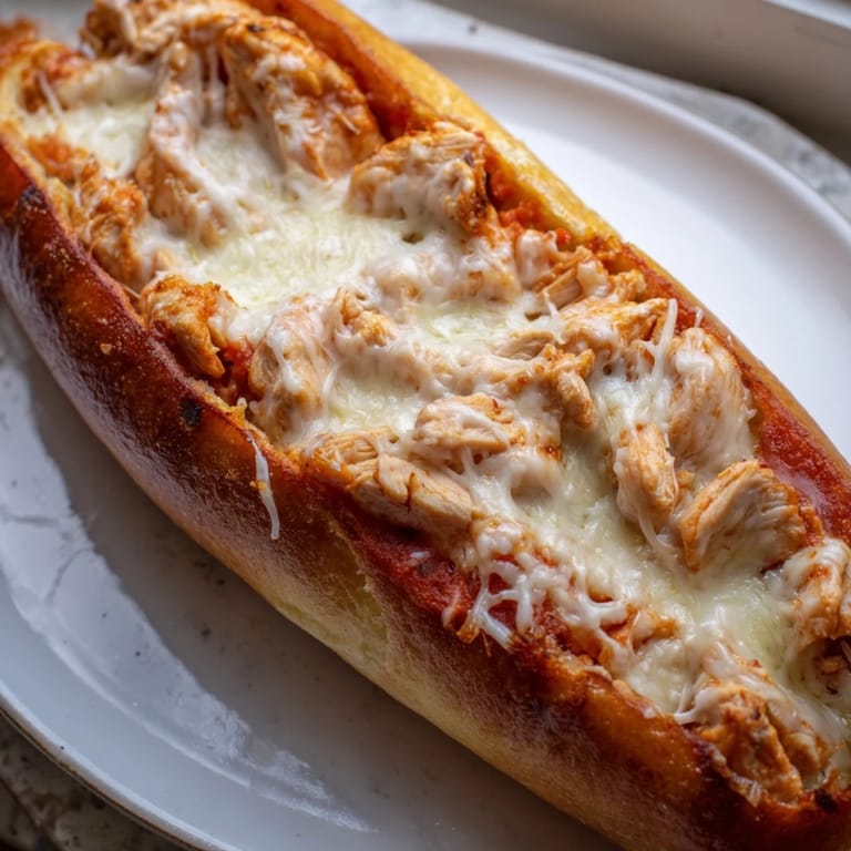 Slice into this hearty Chicken Parm Stuffed Garlic Bread, topped with Parmesan and fresh parsley, perfect for a family dinner.