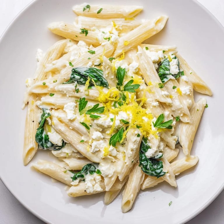 A close-up of Creamy Feta Spinach Pasta with wilted greens and crumbled cheese, ready to serve.  