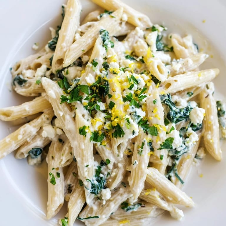 Vibrant bowl of Creamy Feta Spinach Pasta topped with lemon zest and chili flakes for a spicy kick.