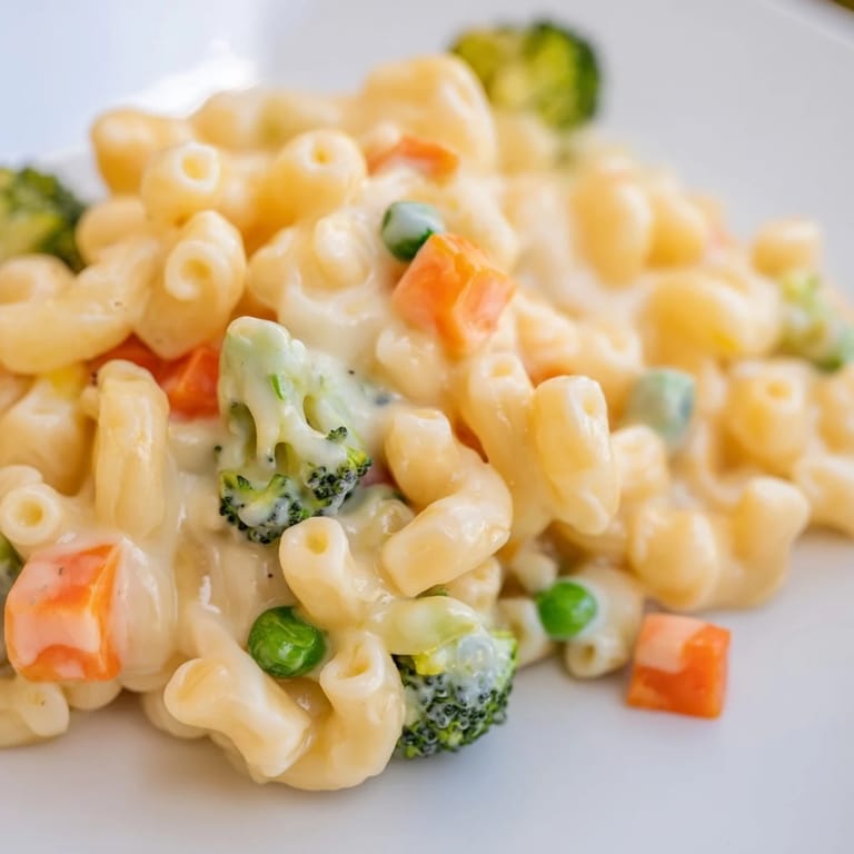 A close-up of Garden Veg Mac and Cheese in a white baking dish, topped with buttery panko breadcrumbs for a crispy finish.  