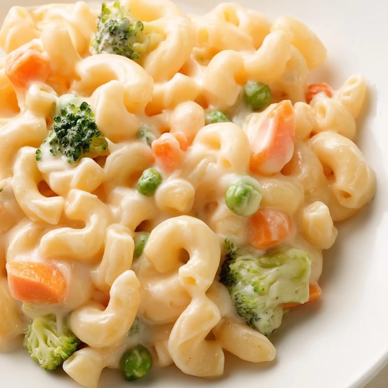 Serving suggestion for Garden Veg Mac and Cheese, a hearty vegetarian main dish ready to enjoy with a crisp side salad.