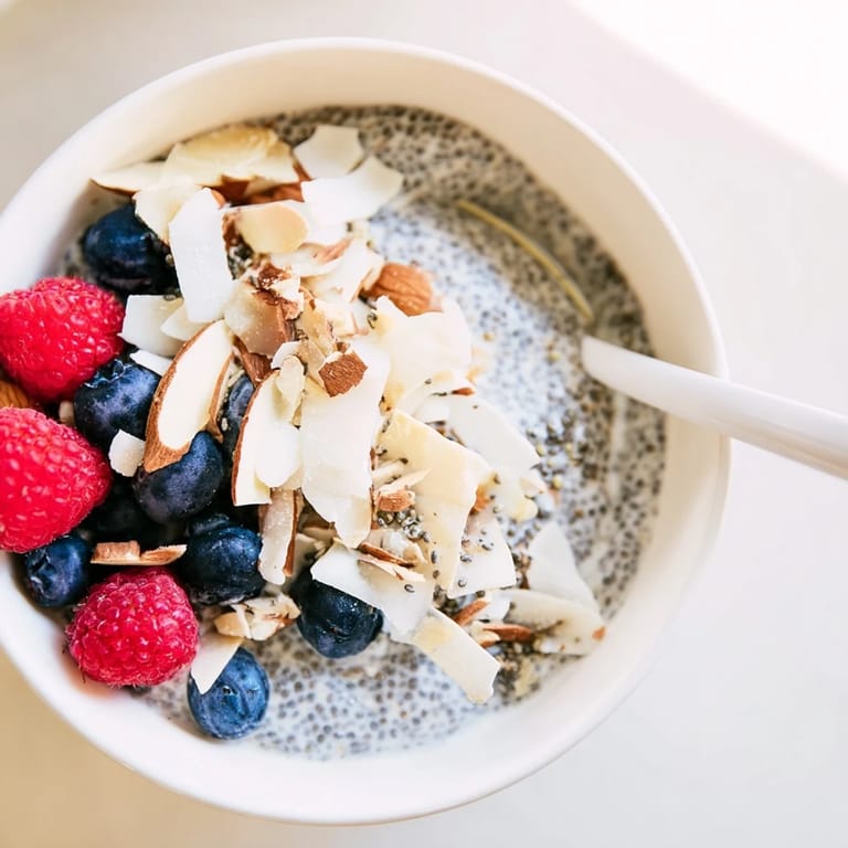 Healthy poppy seed chia pudding in a serving bowl with a spoon, garnished with fresh berries and shredded coconut for dessert.