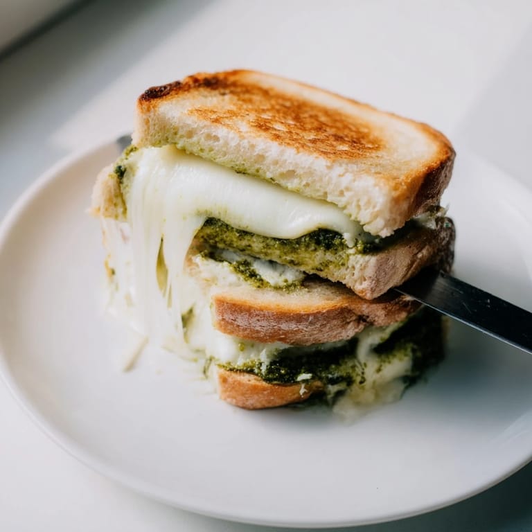 A close-up shows melted mozzarella and green pesto spilling from a golden Spring Pea Pesto Grilled Cheese.