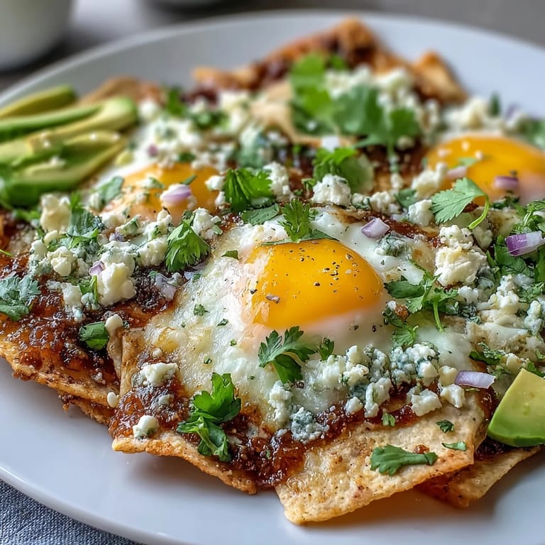 Golden chilaquiles overflowing with cheese, onion, and avocado, a delightful dish served.