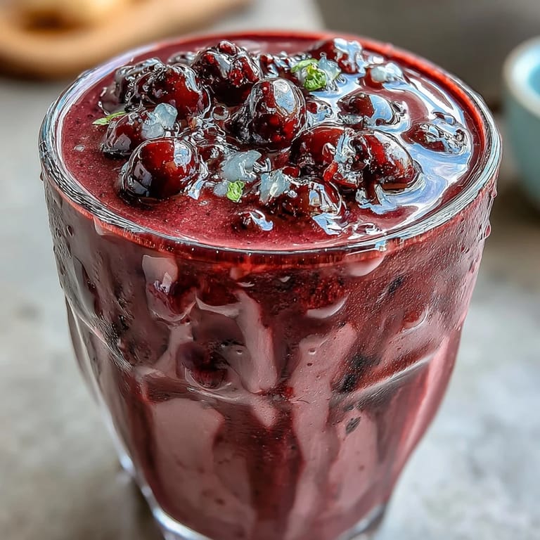 Visualizing our Cherry Almond Smoothie: vibrant crimson, thick pour, topped with almonds.