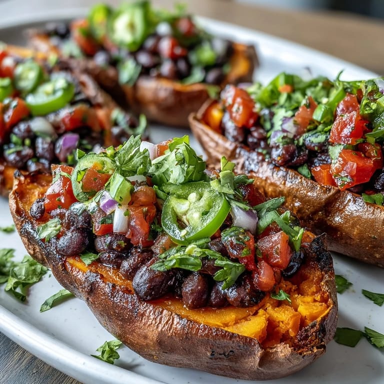 Hearty sweet potatoes loaded with flavorful chipotle black beans and fresh tomato salsa.