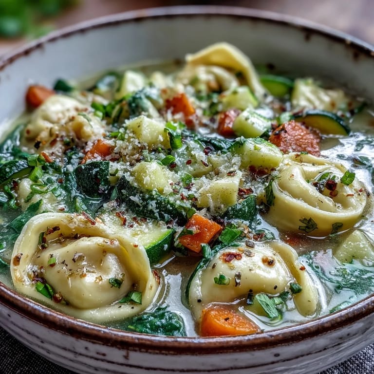 A close-up of Creamy Vegetable Tortellini Soup ladled into a rustic ceramic bowl, highlighting plump cheese tortellini, vibrant diced carrots, and wilted spinach swimming in a rich, creamy broth. 