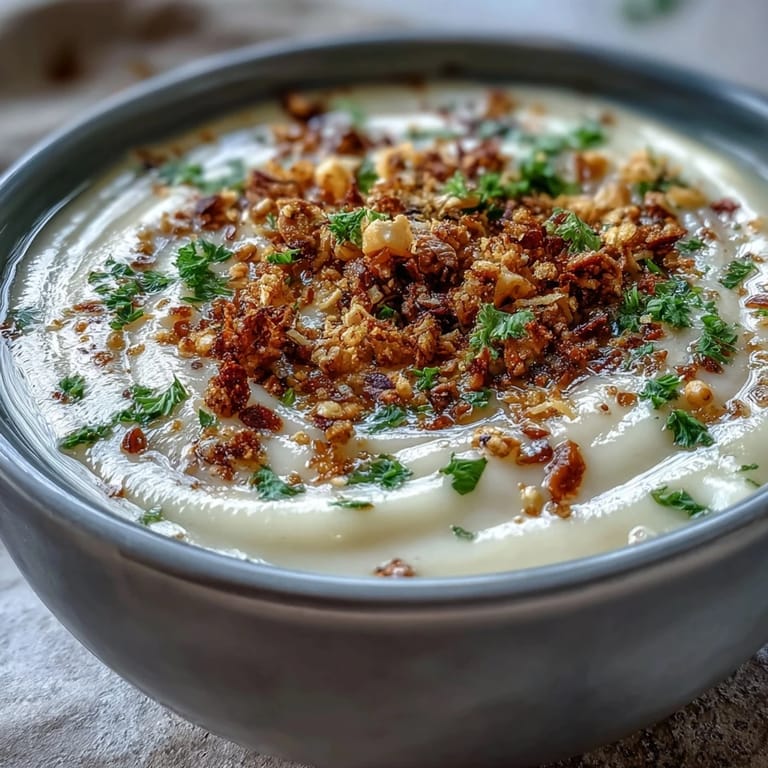 Celeriac soup with hazelnut crumble, finished with parsley and ready to serve with crusty bread.