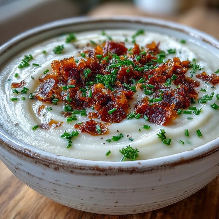 Silky smooth Creamy Celeriac Soup with Crispy Bacon ladled from a pot, highlighting the velvety texture and golden bacon bits.