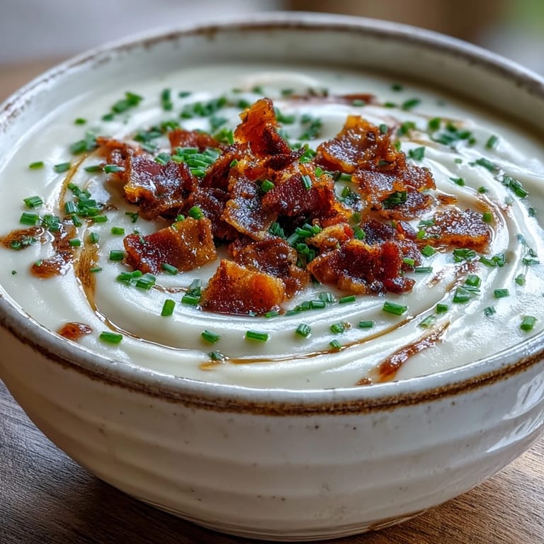 A spoon scoops into Creamy Celeriac Soup with Crispy Bacon, revealing rich creaminess topped with crunchy bacon for savory texture.