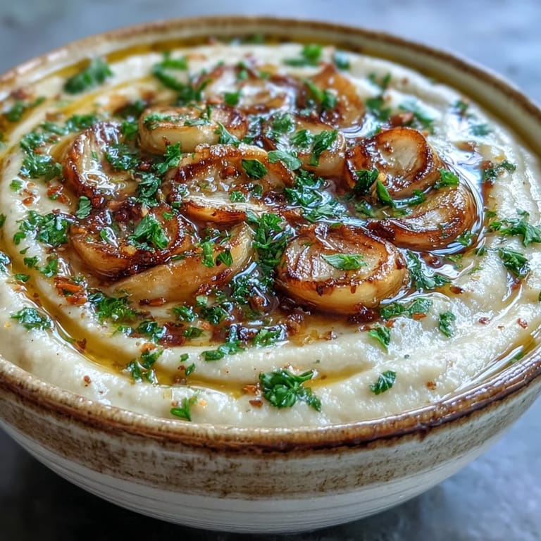 Golden roasted garlic cloves in foil beside a pot of velvety Roasted Garlic Soup, simmering with thyme and cream.