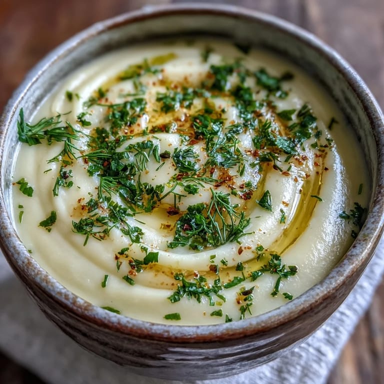 Vibrant green herbs top a warm bowl of Parsnip and Herb Soup, perfect for a cozy vegetarian lunch or starter.