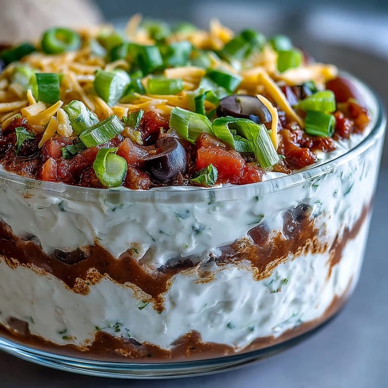 This vegetarian 4-Way Layered Dip shows off creamy beans, salsa, and fresh toppings in a clear glass dish.
