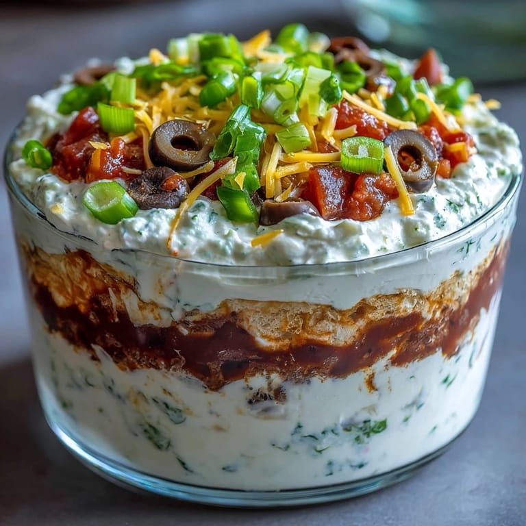 Ready-to-serve 4-Way Layered Dip with colorful layers and crunchy veggies, perfect for a party appetizer platter.