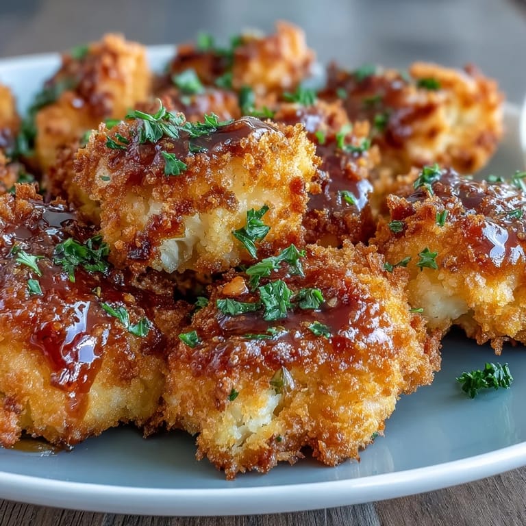 Golden-brown Crunchy Baked Hot Honey Cauliflower florets coated in a crispy panko crust, drizzled with a shimmering hot honey glaze and garnished with red pepper flakes.