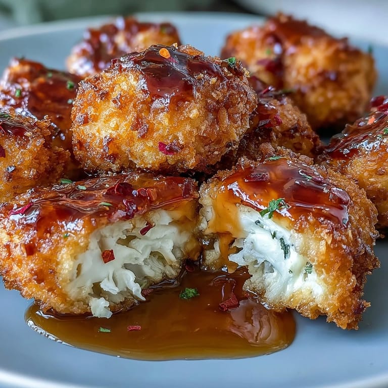 A close-up of Crunchy Baked Hot Honey Cauliflower with sticky, glossy hot honey sauce, paired with a creamy dip for the perfect spicy-sweet snack.