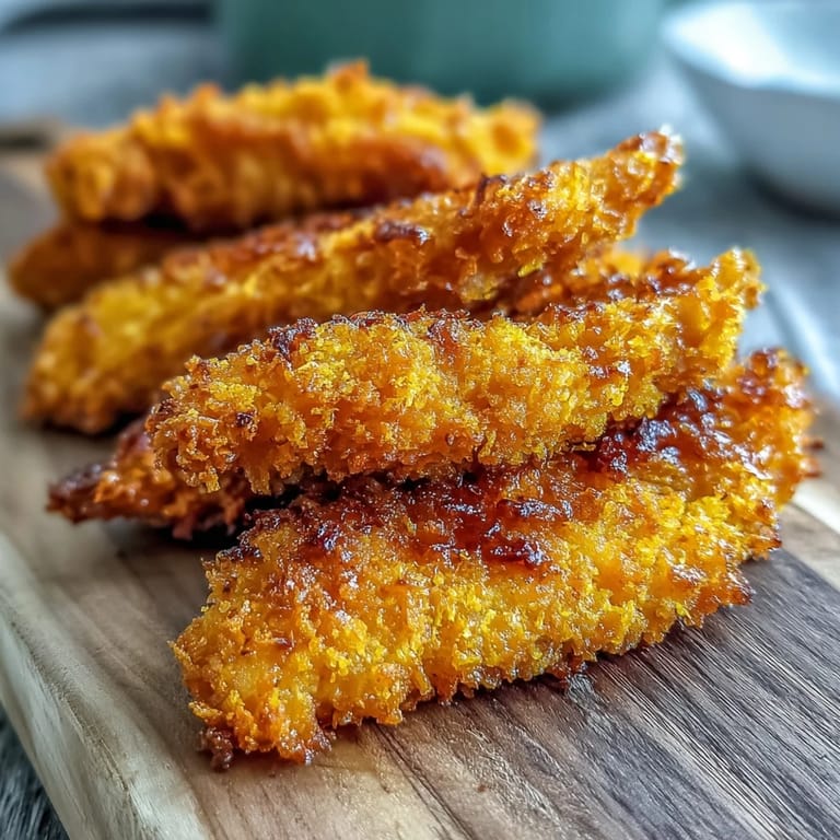 Stack of Crispy Turmeric Chicken Tenders served with a creamy dipping sauce and lemon wedge.