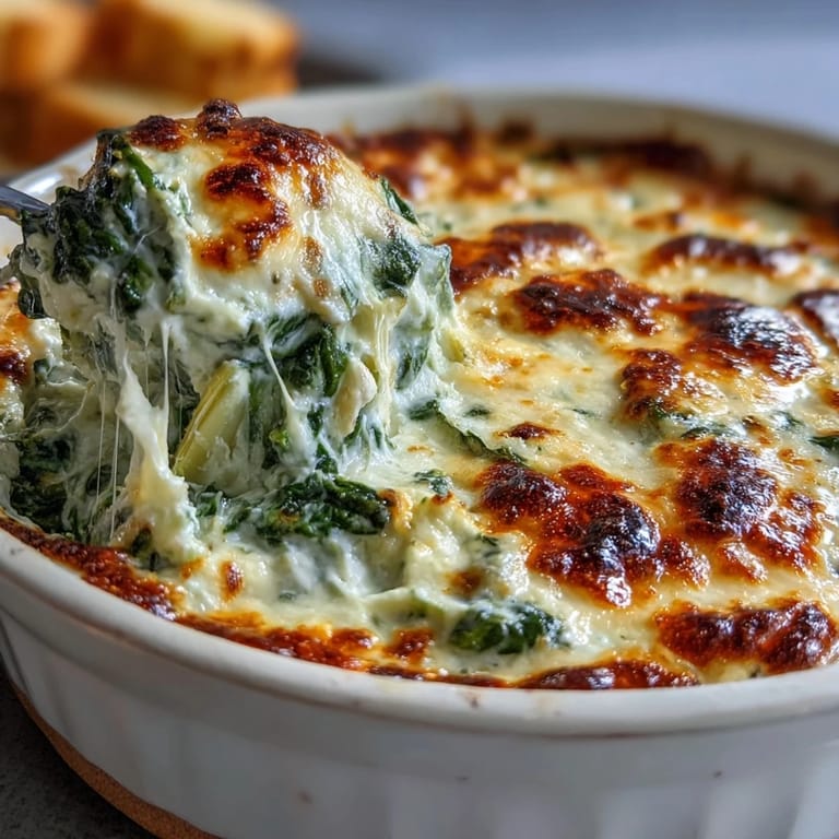 Freshly baked spinach artichoke dip bubbling from the oven, showing creamy texture and golden crust, with a spoon ready for serving.
