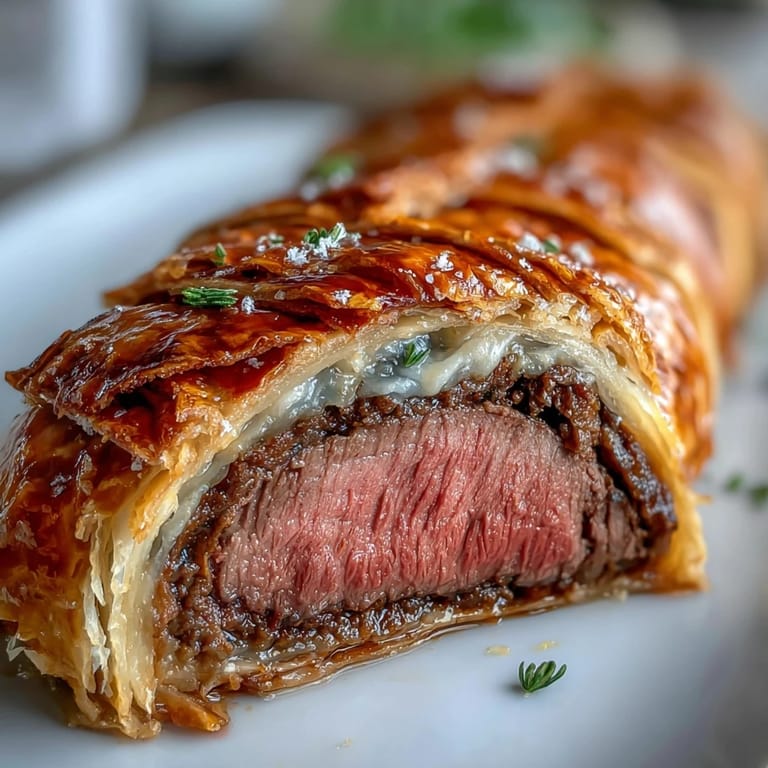 This perfectly sliced Beef Wellington reveals juicy medium-rare beef wrapped in prosciutto and earthy mushroom duxelles, ready for a holiday dinner party.