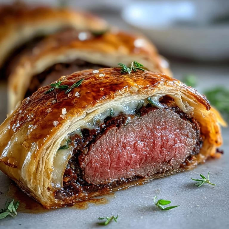 Close-up of a golden Beef Wellington on a platter, brushed with egg wash, ready to be served with a glass of red wine.