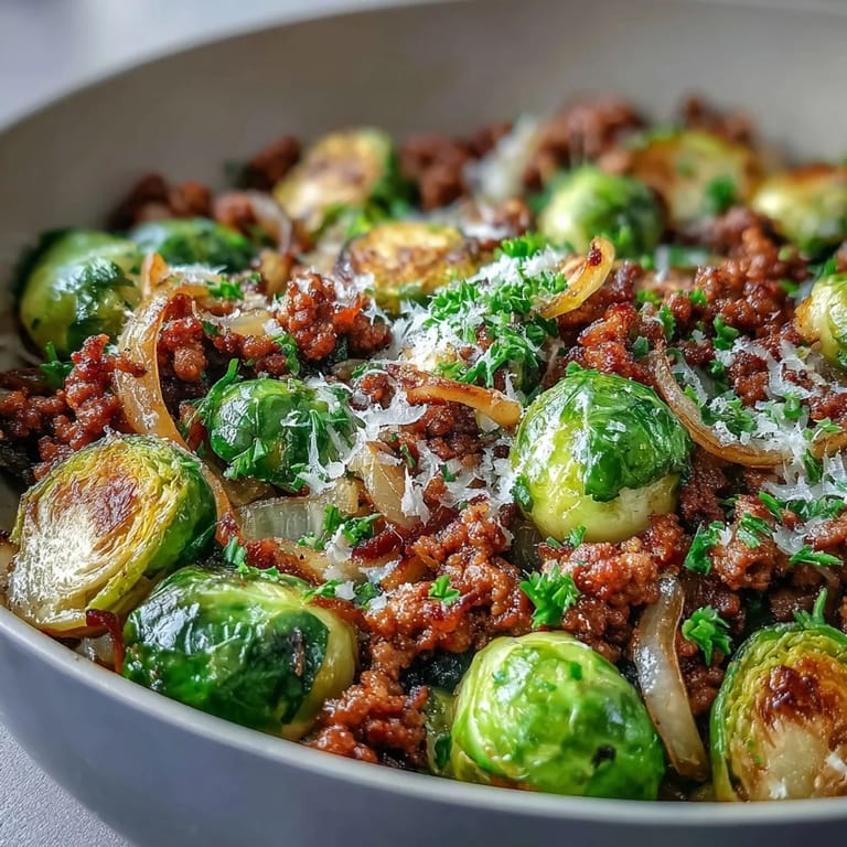 Ground turkey and crispy Brussels sprouts in a one-pan skillet with garlic, paprika, and a lemon finish.