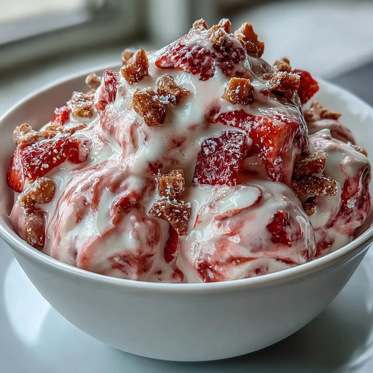 A close-up look at Strawberry & Banana Yoghurt Clusters, featuring marbled creamy yogurt with honey and colorful freeze-dried fruit.