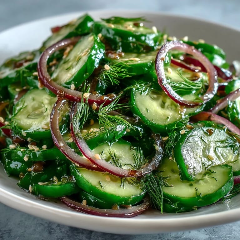 A close-up of chilled Refreshing Crunchy Cucumber Salad, featuring thinly sliced vegetables and toasted sesame seeds on a bright serving platter.