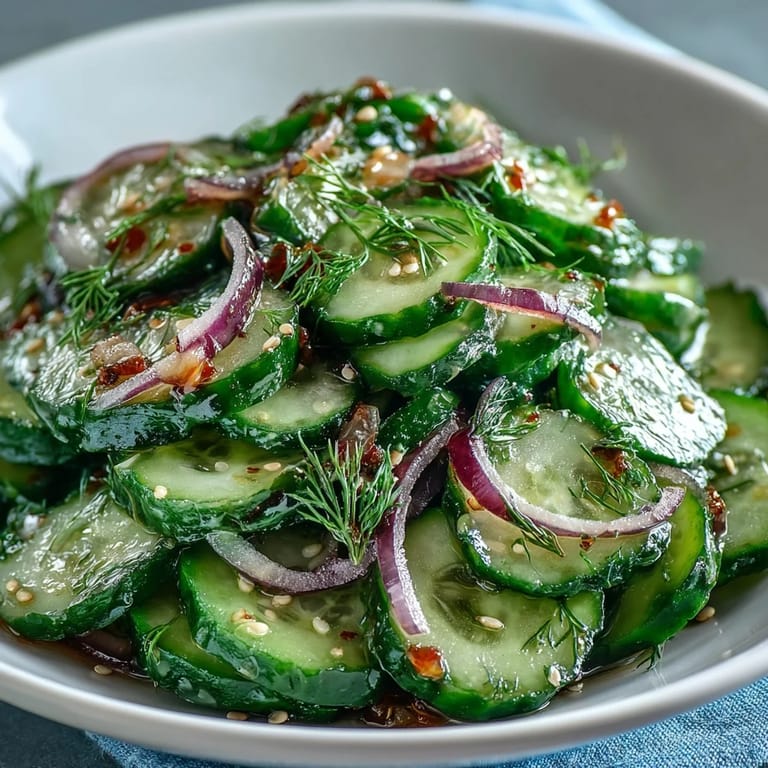 Plate of Refreshing Crunchy Cucumber Salad served alongside grilled fish, highlighting the vibrant greens and reds with a splash of dressing.