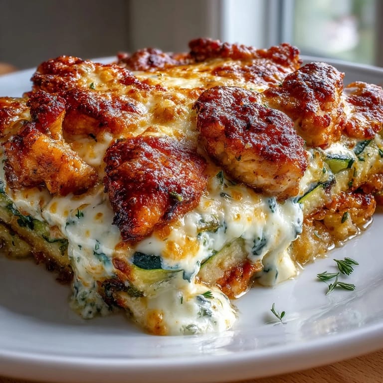 Sliced portion of creamy High Protein Chicken Zucchini Bake showing tender chicken, zucchini layers, and a rich, cheesy topping.