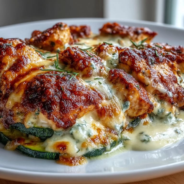 High Protein Chicken Zucchini Bake served warm on a plate with a side salad, perfect for a low-carb dinner.
