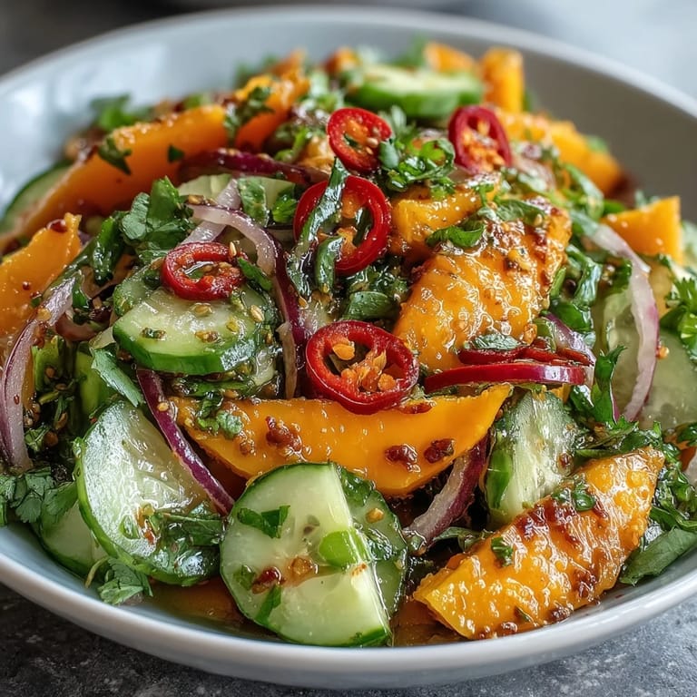 Colorful strips of mango, red bell pepper, and red onion glisten with a tangy lime-honey vinaigrette for this Refreshing Mango Salad. 