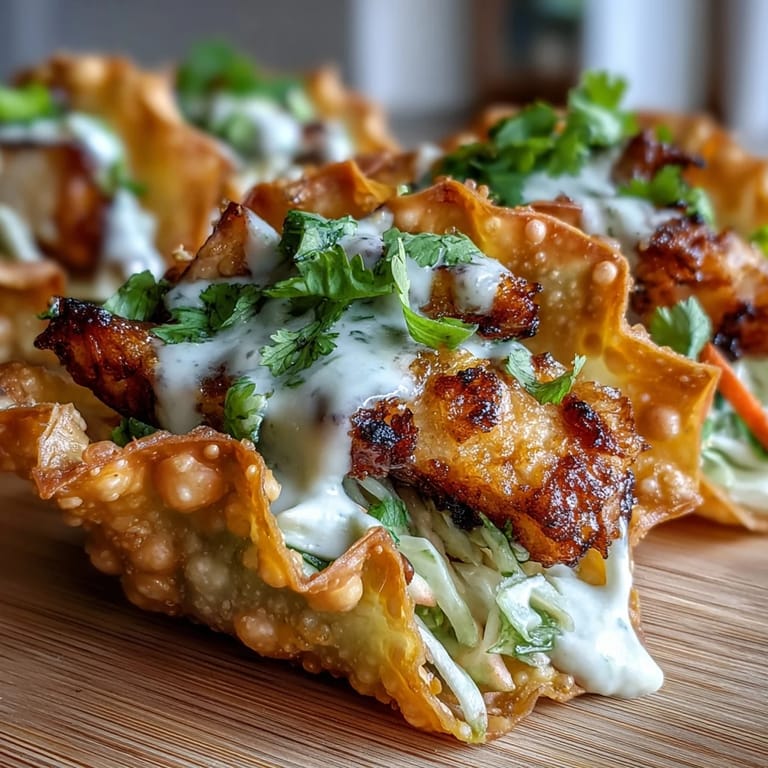 Golden Crispy Chicken Wonton Tacos filled with smoky spices and tangy lime slaw.