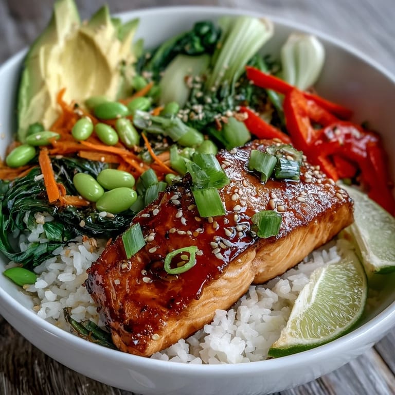 Vibrant soy ginger salmon bowl in a white bowl, drizzled with sauce and garnished with cilantro.