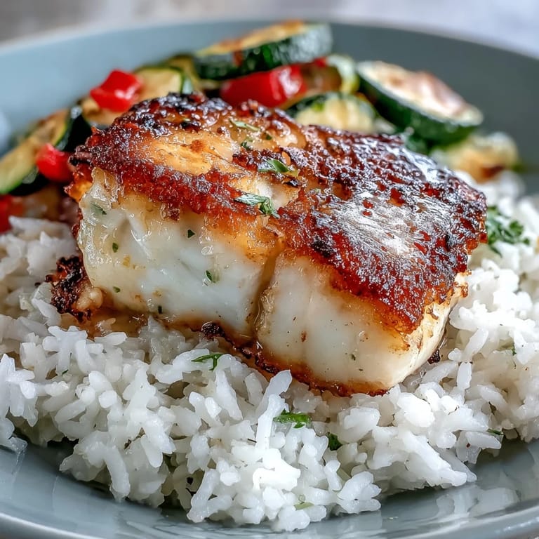 Close-up of Pan-Seared Fish Bowl featuring tender fish, colorful roasted vegetables, and fresh parsley garnish on a white plate.