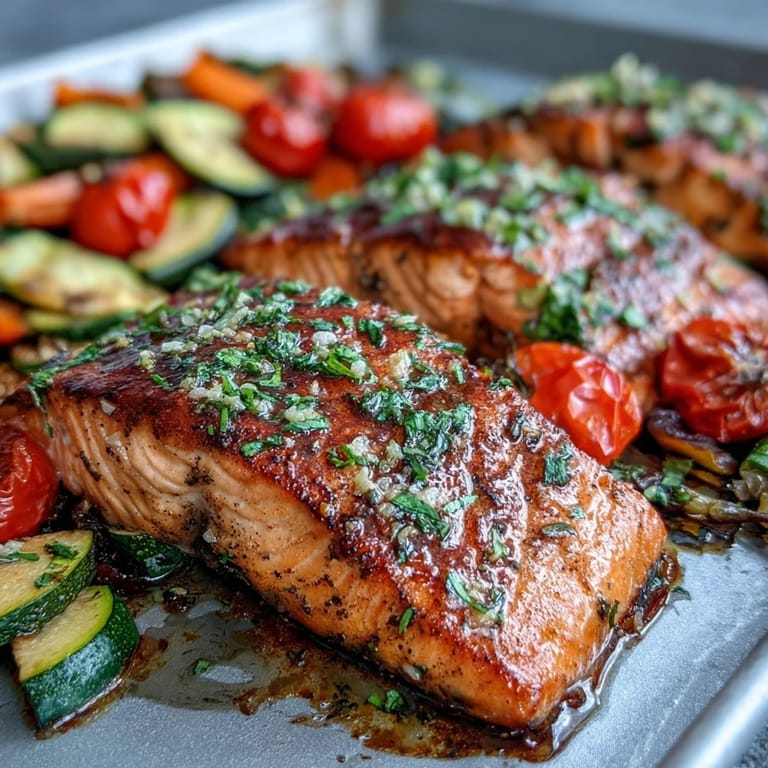 Serving suggestion for a gluten-free Sheet Pan Salmon and Veggies Bowl with fresh parsley garnish.