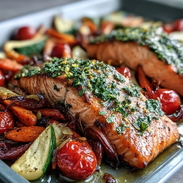 Flaky lemon-zested salmon nestled among caramelized carrots, peppers, and zucchini on a baking sheet.