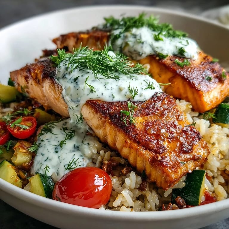 The Crispy Rice Salmon Bowl features tender salmon nestled on golden rice, alongside colorful zucchini, bell peppers, and a dollop of creamy yogurt sauce.