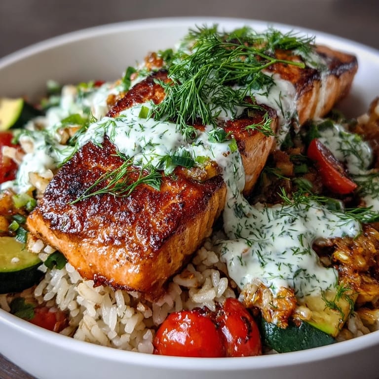 Bright lemon-yogurt drizzle is generously spooned over the Crispy Rice Salmon Bowl, garnished with fresh dill and lemon wedges for serving.