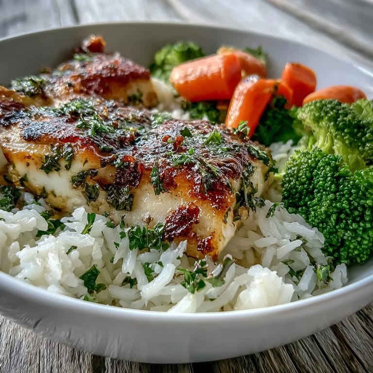 A fork gently flakes the baked tilapia, served over steamed rice with vibrant broccoli and carrots in a bowl.
