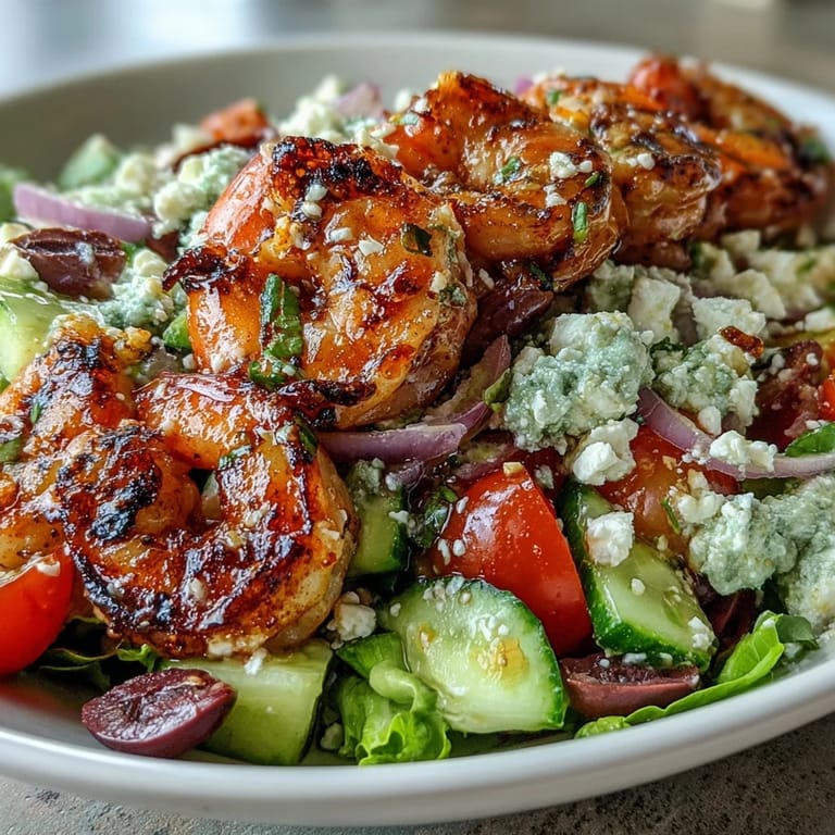 Healthy Greek Shrimp Bowl topped with juicy shrimp, creamy feta, and zesty lemon dressing.