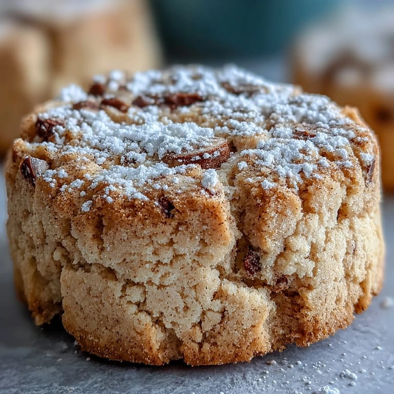 Stacked Hojicha Shortbread cookies dusted with powdered sugar beside a steaming cup of green tea.